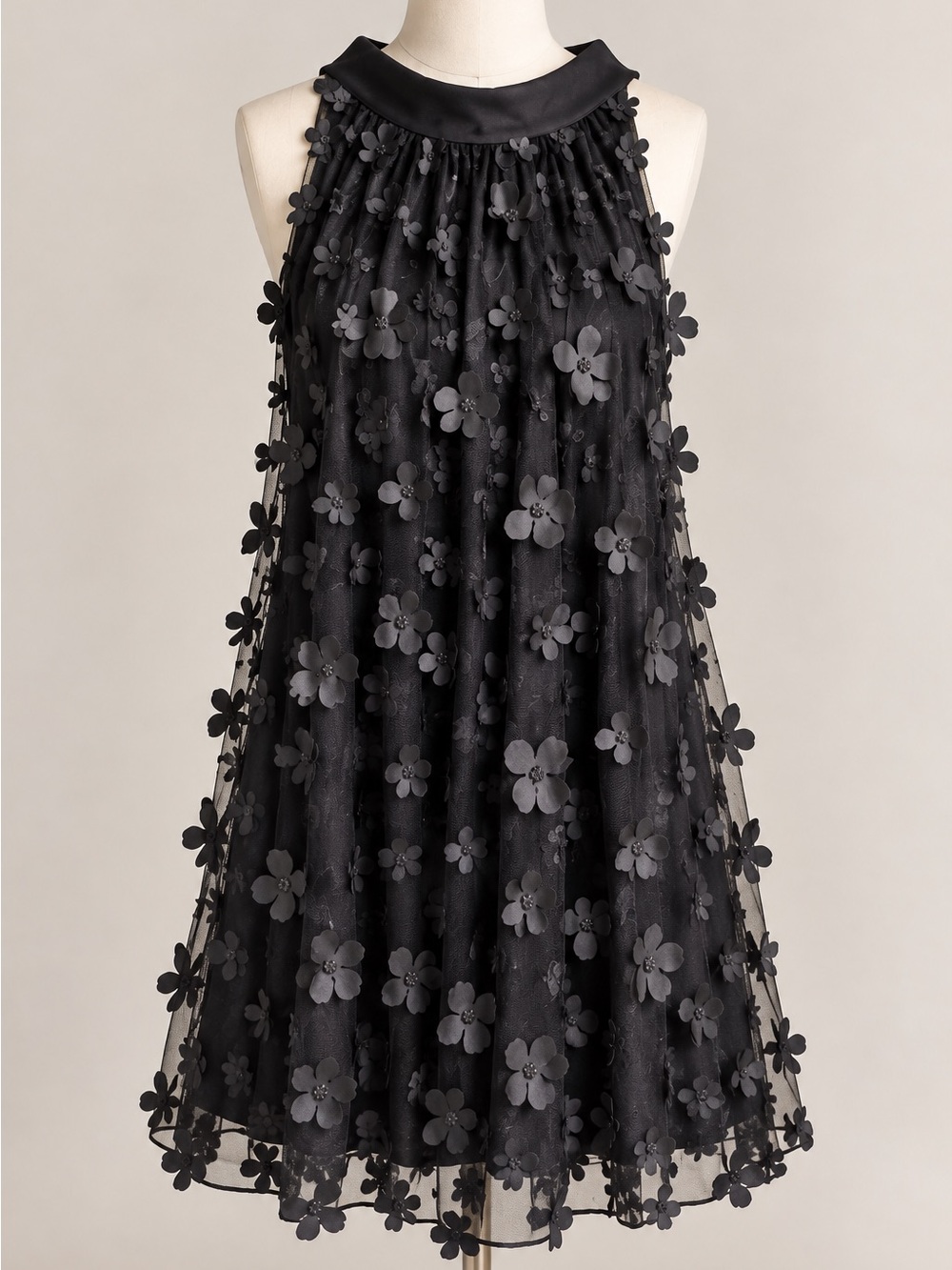Black 3D Floral Applique Mesh Midi Dress Bow Tie Party NWT Entro Small